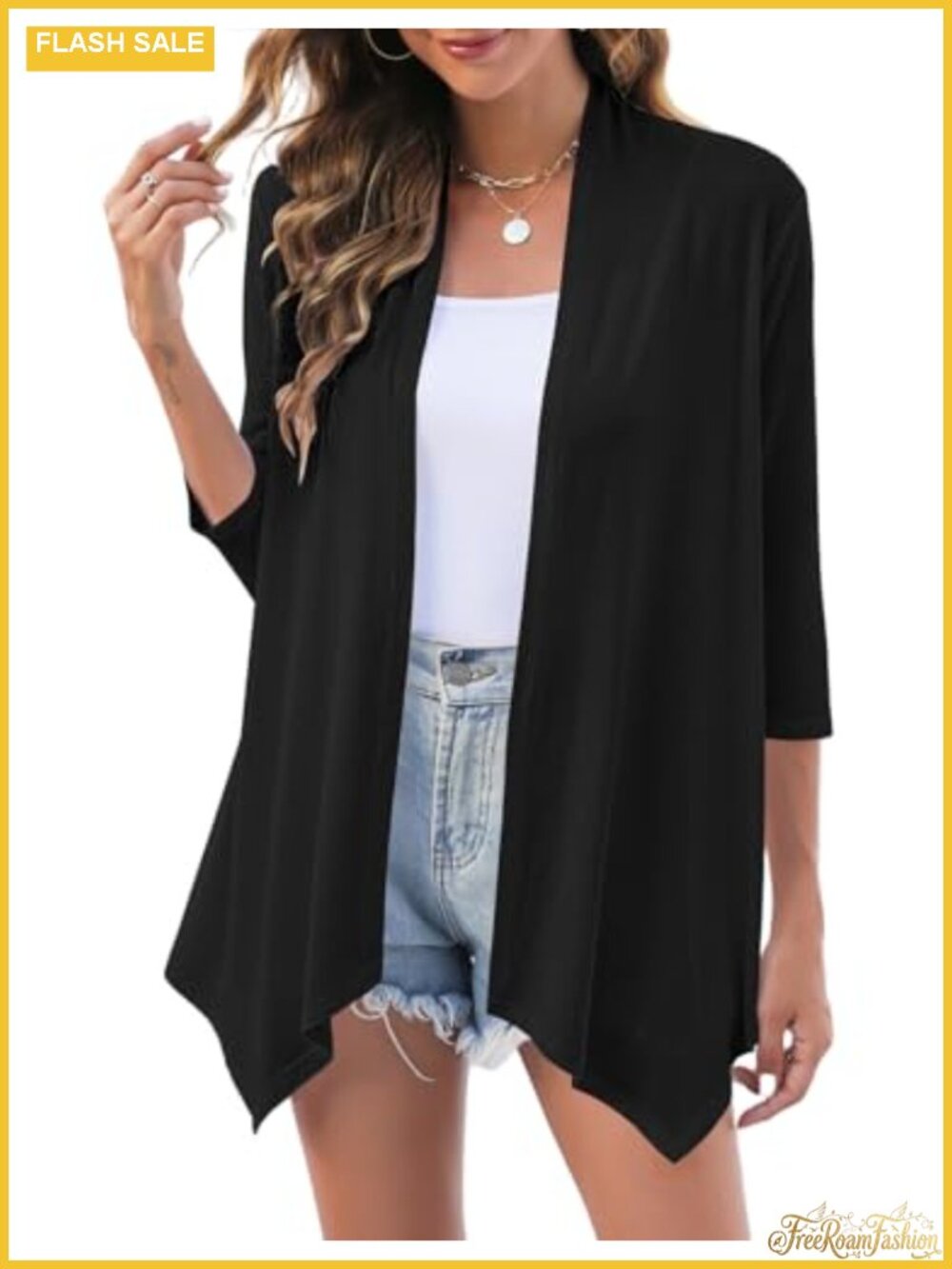 Lightweight 3/4 Sleeve Open Front Draped Cardigan